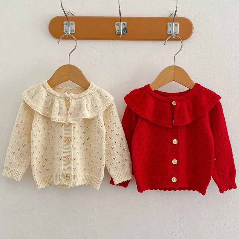 Autunno nuove ragazze Cardigan indumenti per bambini maglioni lavorati a maglia colletto arruffato neonate Cardigan cappotto per bambini giacca a maniche lunghe retrò 1