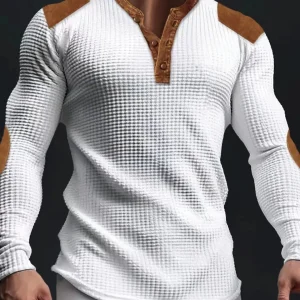 Nuova felpa con cappuccio casual da uomo traspirante con camicia Henley a maniche lunghe da esterno casual con scollo a V e spalle patchwork primaverili e autunnali 1