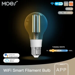 MOES WiFi Lampadina a filamento intelligente Lampada a LED E27 Illuminazione dimmerabile 2700K-6500K 806Lm Tuya Alexa Google Controllo vocale 90-250V 7W 1