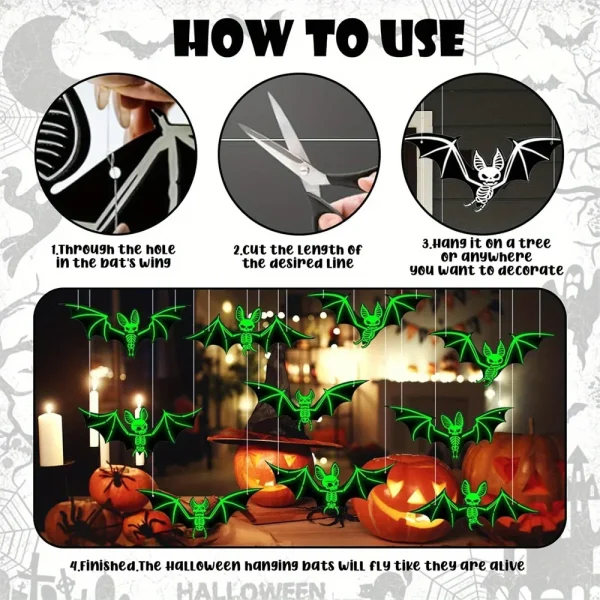 10/20/50 pipistrelli che si illuminano al buio pendenti di Halloween - Decorazioni in plastica verde incandescente 3D per feste in casa stregata 5