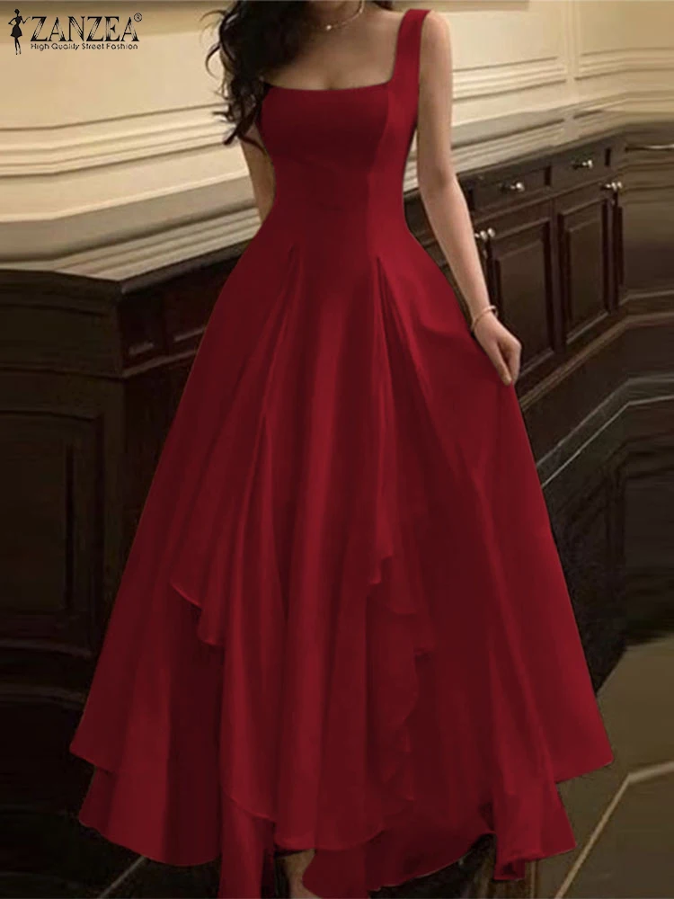 ZANZEA Vestito Da Partito Elegante Delle Donne 2025 Estate Senza Maniche Colletto Quadrato Sexy Increspato Maxi Vestito Estivo Casual Solido Abiti Lunghi Veste 3