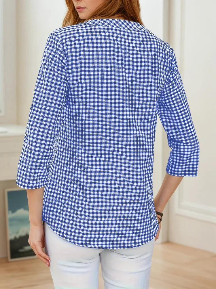 Plus Size Primavera Autunno Donna Fine Plaid Moda Manica lunga Camicetta con scollo a V Slim Fit Temperamento Top Pancia che copre Piccole camicie 5