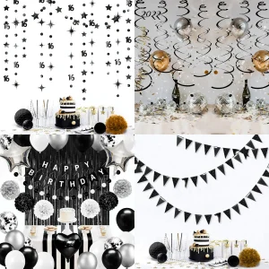 Decorazioni nere per il 16° compleanno per bambine, palloncini di compleanno bianchi, neri, argento, banner nero per decorazioni per feste di 16 anni 1