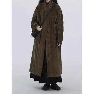 Giacca a vento medio lunga in velluto a coste di cotone per donna Autunno/Inverno 2024 Cappotto con colletto alla coreana artistico vintage Cappotto A389 1