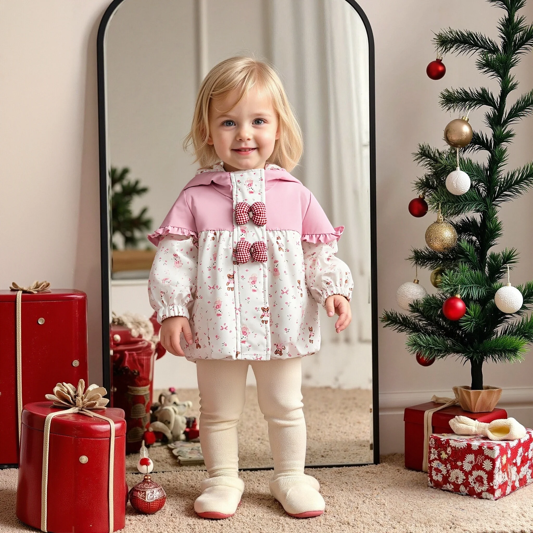 Abito natalizio per bambina Papillon a blocchi di colore con cappuccio Orecchie di coniglio Giacca per bambina Cartone animato carino per bambina Top Vestiti per bambini 1