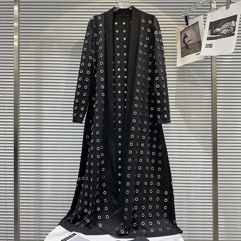 KUCLUT 2025 Autunno Nuovo Trendy Anello Rotondo Hollow Metal Lace-up Design Trench a maniche lunghe per le donne Cardigan allentato 1A884 2