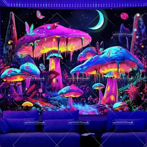 Fungo reattivo UV Blacklight Arazzo Wall Art Neon Paesaggio Arazzo Montagne Cascata Glow In The Dark Decor Poster 1