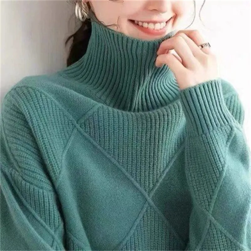 Maglione di lana da donna coreano autunno inverno nuovo dolcevita pullover in maglia abiti larghi per le donne top femminili di base solidi caldi 2