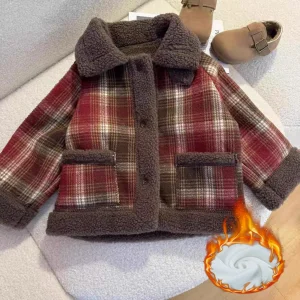 Cappotti imbottiti scozzesi per ragazze Cappotti ispessiti in velluto peluche per bambini Pelliccia di agnello Colletto rovesciato Capispalla per bambini Abiti foderati in pile 1