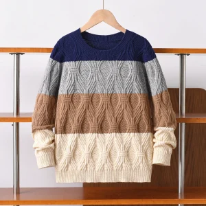 Maglione lavorato a maglia a righe color block in stile college da ragazzo adatto per il tempo libero scolastico in primavera, autunno e inverno 1