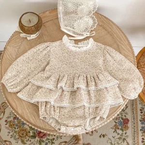 Nuovi vestiti autunnali per bambini, tuta a maniche lunghe stampata in filato di cotone con doppia gonna in pizzo per bambina da 0 a 3 anni 1