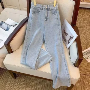 Pantaloni lunghi jeans a gamba dritta a vita alta per donna Pantaloni casual in denim vintage drappeggiati larghi alla caviglia 1