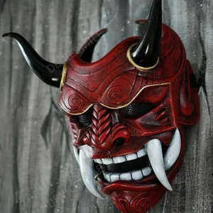 Halloween Masquerade Red Prajna Mask Cospiay Noh lattice giapponese Full Face smorfia Fangs Funny spaventoso Ghost God Wizard Masks 1