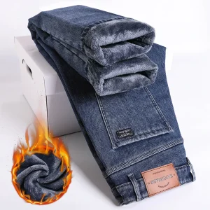 Jeans caldi spessi in pile invernale Pantaloni in denim elastici dritti slim da uomo Abbigliamento casual maschile Pantaloni in peluche alla moda 1