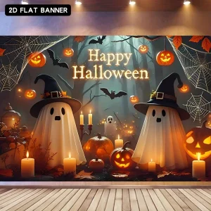 1 PC thrilling e eerie giungla carino e divertente tema testa di zucca fantasma poster banner di Halloween, decorazione banner festa 1