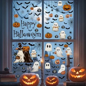 Adesivi per finestre zucca Halloween caramelle cartone animato fantasmi gatti neri decorazione statica per porta in vetro ideali per feste a tema riutilizzabili facili da applicare perfetti per decorare vetri e finestr 1