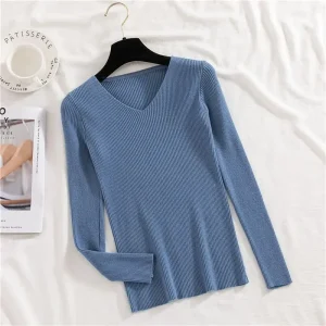 Maglione lavorato a maglia a maniche lunghe con scollo a V stile coreano Camicia base da donna Elastico Slim Fit All-Match Girocollo Pullover Strato base Top 1
