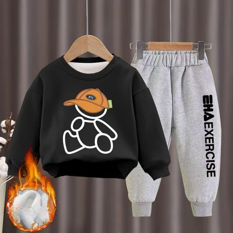 Abbigliamento per bambini ragazzi e ragazze autunno foderato in pile Top e pantaloni 2 pezzi set adolescente ragazzo e ragazza inverno cartone animato orso tuta Outfit 6