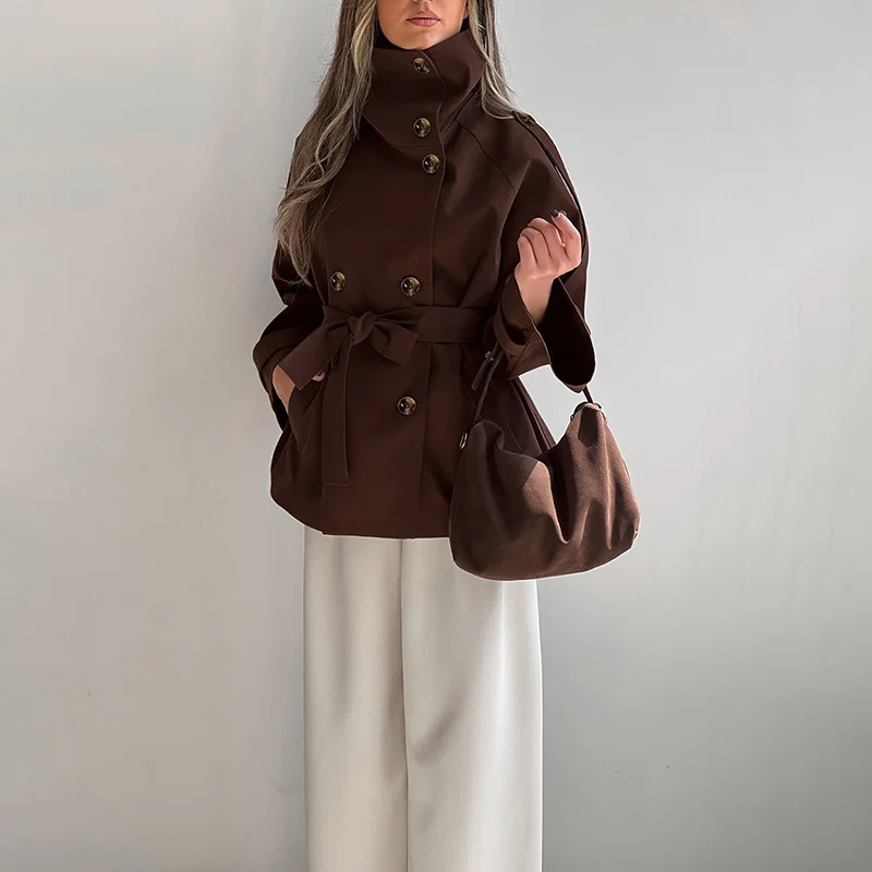 Ticketsx Trench vintage a collo alto con doppio petto Giacca slim patchwork con lacci Donna Autunno Inverno Ufficio Streetwear Trench 6