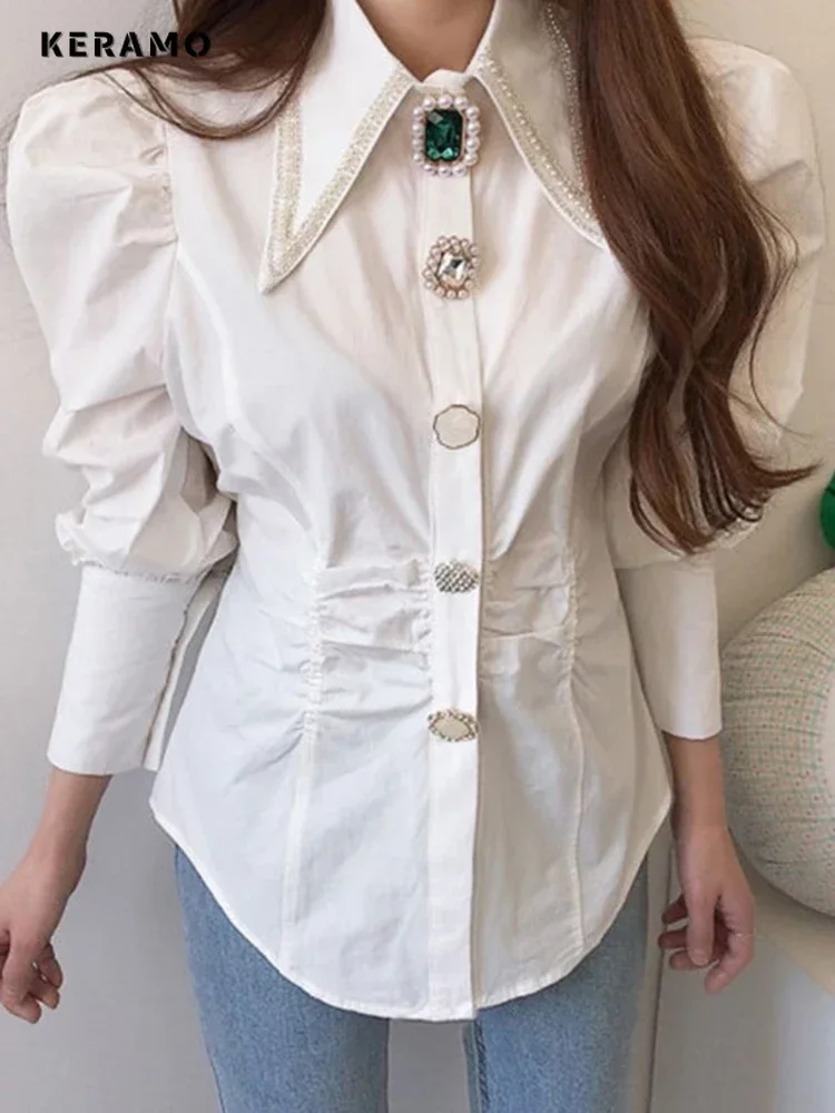 Camicette di lusso con perline eleganti con colletto rovesciato stile francese 2024 Camicie chic da sera casual a maniche lunghe da donna autunno 2024 Top 2