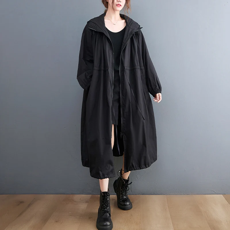 2024 autunno inverno Trench lungo con cappuccio oversize per abbigliamento donna moda coulisse nero Casual allentato capispalla Cardigan 3