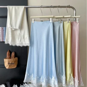 Beiyingni francese elegante gonna a sirena in raso donna primavera estate patchwork di pizzo pacchetto anca gonne lunghe a trapezio gonne da donna da ufficio 1