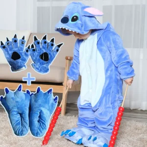 Disney Cartoon Stitch Peluche Pigiama di Flanella Baby Boy Vestito di Un Pezzo Cothes Set a Maniche Lunghe Inverno Morbido Caldo Vestiti per La Casa Casual 1