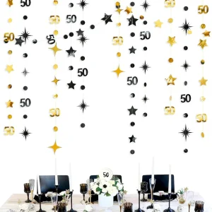 Decorazioni per il 50esimo compleanno in oro nero numero 50 Circle Dot Twinkle Star Garland Banner per forniture per feste di compleanno di 50 anni 1