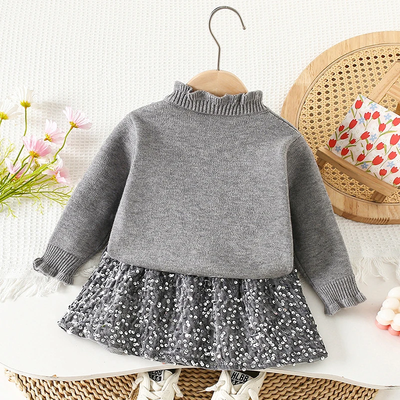 2025 Nuovo Autunno Inverno 2-6Yrs Neonate Abbigliamento Set Cardigan lavorato a maglia a maniche lunghe + Gonna corta Bambini Abbigliamento lavorato a maglia vestito 5