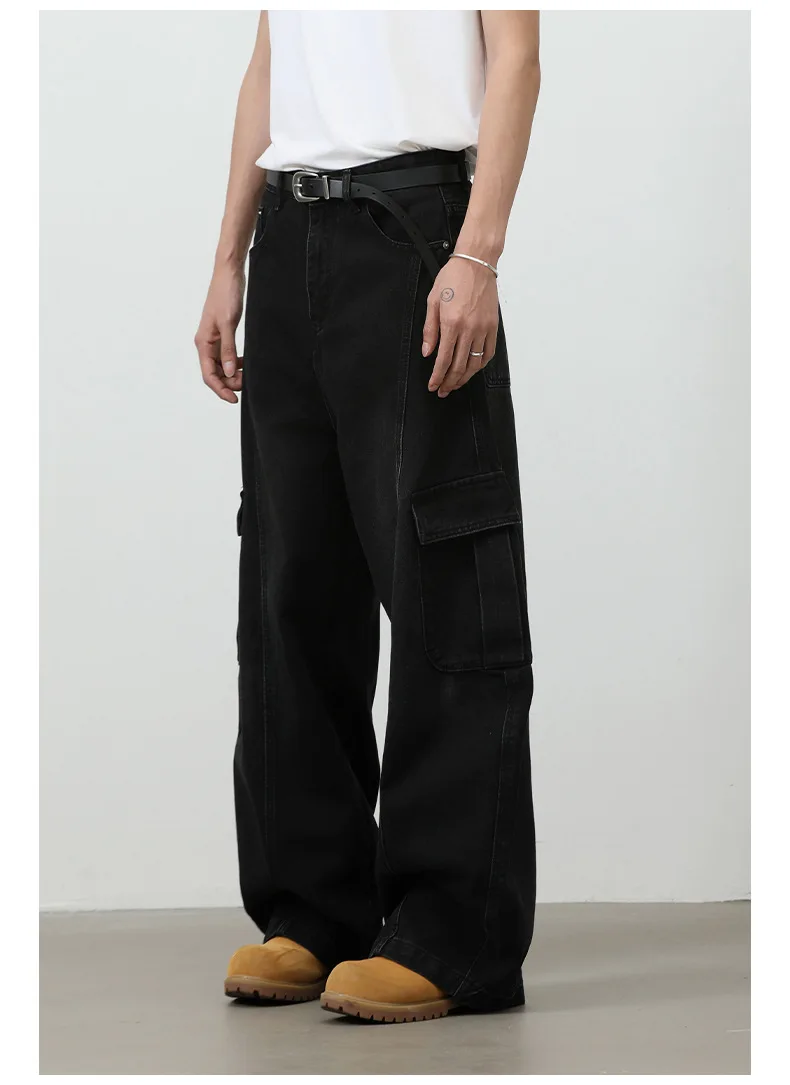 Pantaloni jeans cargo da uomo Jeans larghi neri da uomo Pantaloni larghi di fascia alta Jeans classici a 2 tasche Pantaloni da uomo alla moda streetwear 2