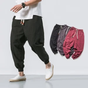 Nel 2025, un nuovo marchio di pantaloni da uomo oversize, pantaloni da uomo in lino cinese, pantaloni larghi casual di alta qualità, M-5XL da uomo 1