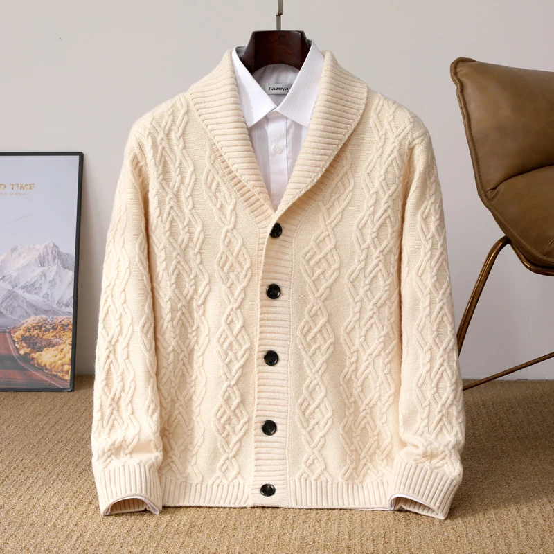 2025 Autunno Inverno Nuovo Cinque Aghi di Spessore 100% Maglione di Lana Merino da Uomo Risvolto Cardigan in Maglia Business Casual Camicia Calda Menswear 3