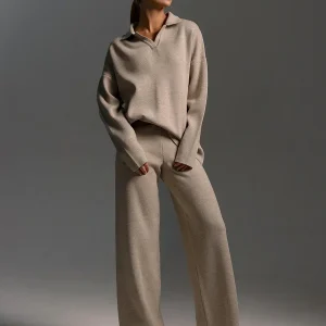 Bornladies Abiti invernali da donna spessi lavorati a maglia Morbidi set da 2 pezzi Maglione con collo a polo femminile e pantaloni a gamba larga Abito lavorato a maglia 1