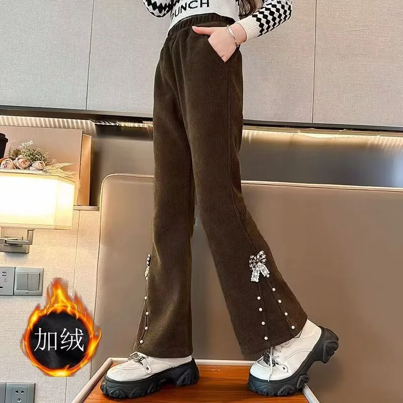 Pantaloni a zampa d'elefante da ragazza Pantaloni foderati in pile per bambini Nuovi pantaloni larghi autunno inverno Pantaloni a gamba larga moda per bambini 4-14 anni 4