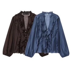 Camicia da donna 2025 Autunno Nuovo stile Camicia sexy con scollo a V a strati a maniche lunghe marrone scuro Moda casual Versatile ed elegante 1