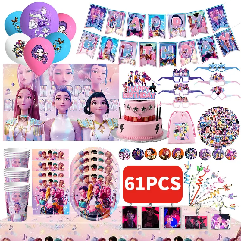 NUOVO Demon Hunters Kpop Decorazioni di compleanno Set Stoviglie Palloncini Banner Tovaglia Borsa Kpop Decorazione torta per ragazza Bomboniere 1