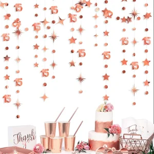 Decorazioni per striscioni per il 15° compleanno in oro rosa Numero 15 Cerchio Dot Twinkle Star Ghirlande Sfondo appeso per la festa del 15° compleanno 1