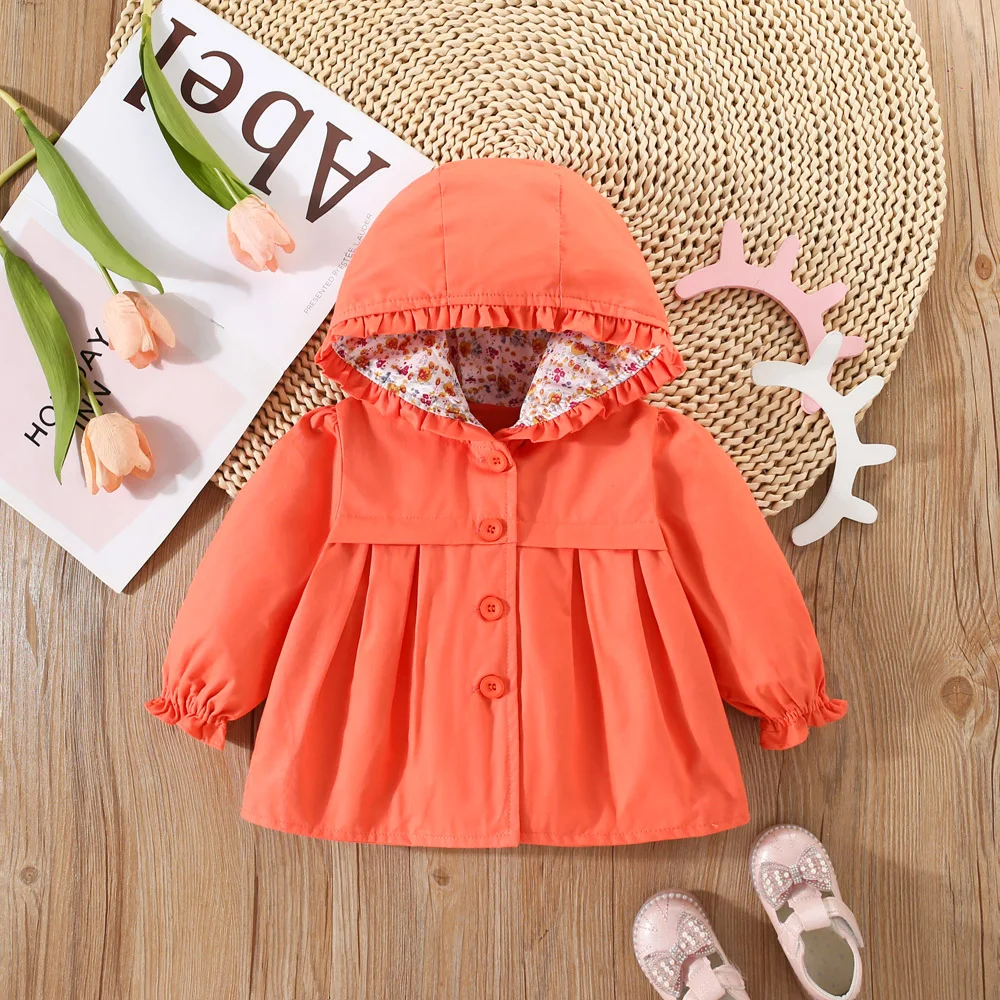 Cappotto primaverile e autunnale per bambina solido con cappuccio bella giacca per bambini antivento sciolto e carino abbigliamento a maniche lunghe 3