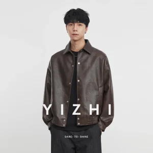 Giacca in pelle con risvolto in PU da uomo di moda 2025 Autunno New American Retro Allentato Abbigliamento da moto per esterni Top Giacca da uomo 1