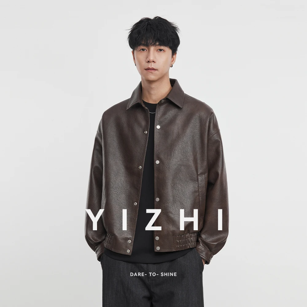 Giacca in pelle con risvolto in PU da uomo di moda 2025 Autunno New American Retro Allentato Abbigliamento da moto per esterni Top Giacca da uomo 1