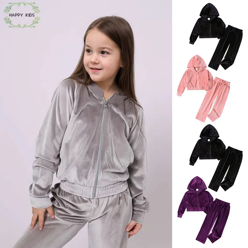 2 pezzi 2025 moda bambini ragazze velluto tuta bambino cerniera up giacche con cappuccio cappotto + pantaloni set inverno bambini tute abiti 1