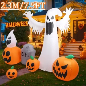 Decorazione gonfiabile per Halloween da 7,5 piedi - Fantasma e zucca con LED, ideale per oggetti di scena di casa, cortile, giardino e sala 1