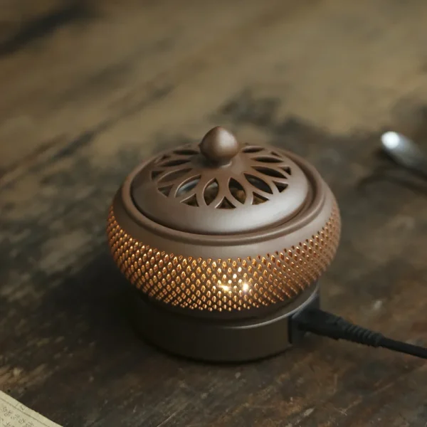 Set di bruciatori di incenso elettronici in legno di sandalo temporizzato con sabbia viola 110V/220V OUD Stufa per luce notturna con olio essenziale per la decorazione domestica 5