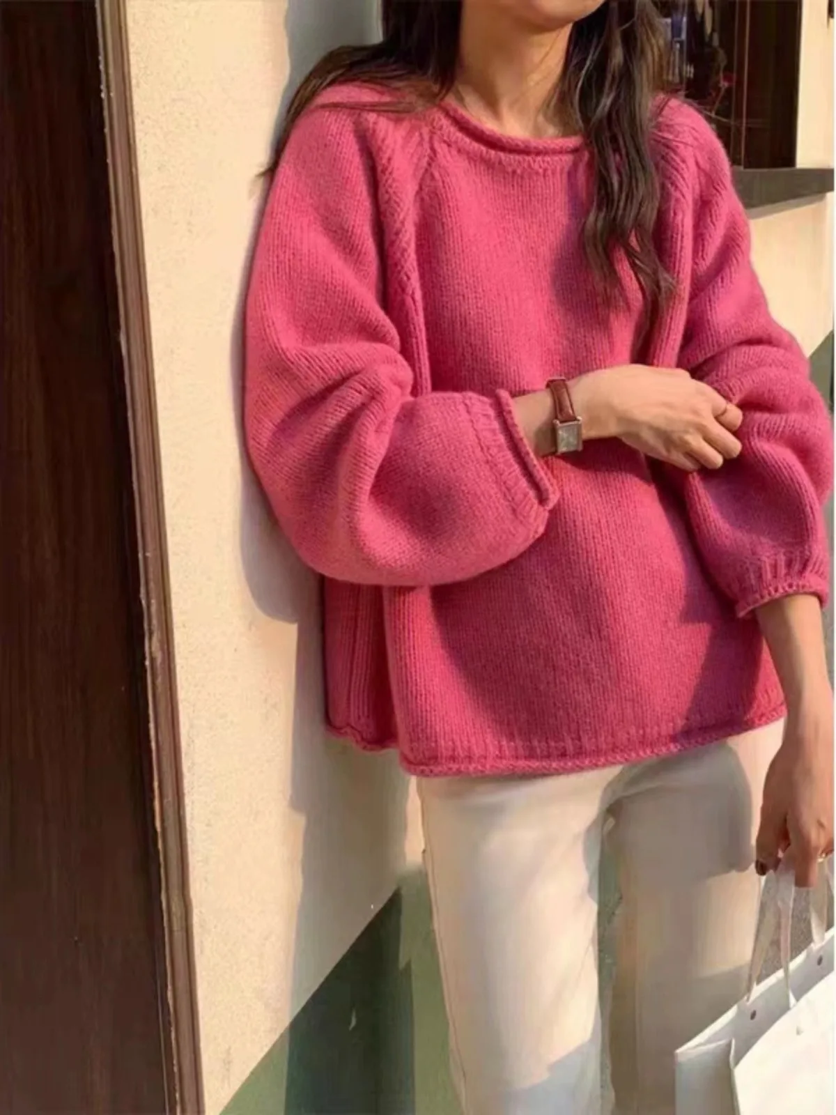 Nuovo maglione da donna in puro cashmere autunno e inverno con fondo maglione lavorato a maglia sciolto con collo rotondo e bordo arrotolato spesso 3