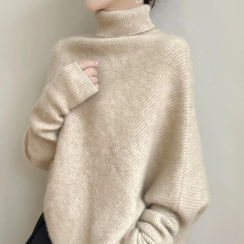 100% lana merino autunno inverno maniche a pipistrello collo alto pullover manica lunga maglieria trendy elegante caldo donna top in cashmere 5