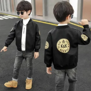 Giacca per bambini coreana ragazzi in primavera autunno moda lettera girocollo cerniera cotone PU giacca in pelle top adatto for1-12Y 1