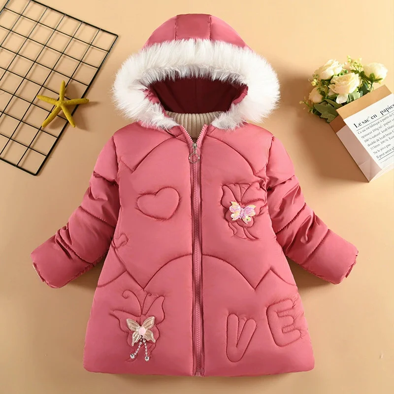 Tuta da neve imbottita da ragazza Cappotto addensato per bambini Giacca invernale calda con cappuccio Papillon per bambini Vestiti di cotone di media lunghezza Baby Parker 1