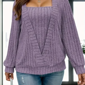 Felpa a costine tinta unita di grandi dimensioni, felpa casual a maniche lunghe primaverile e autunnale, abbigliamento taglie forti da donna 1