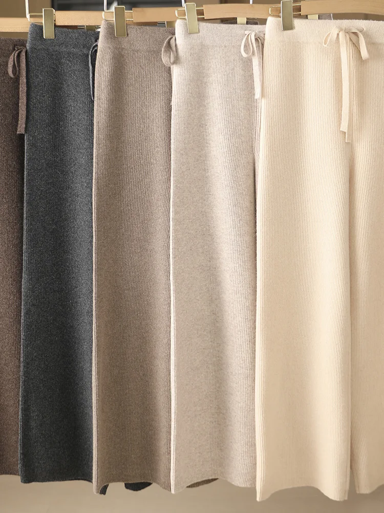 Pantaloni larghi in lana da donna chic Vita elastica in cashmere a righe Autunno Inverno 100% lana merino Maglieria Pantaloni casual semplici 1