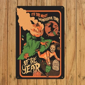 Decorazione da parete retrò in lamiera di metallo di Halloween - Design zucca e scheletro con "È la maggior parte del tempo dell'anno" Quo 1